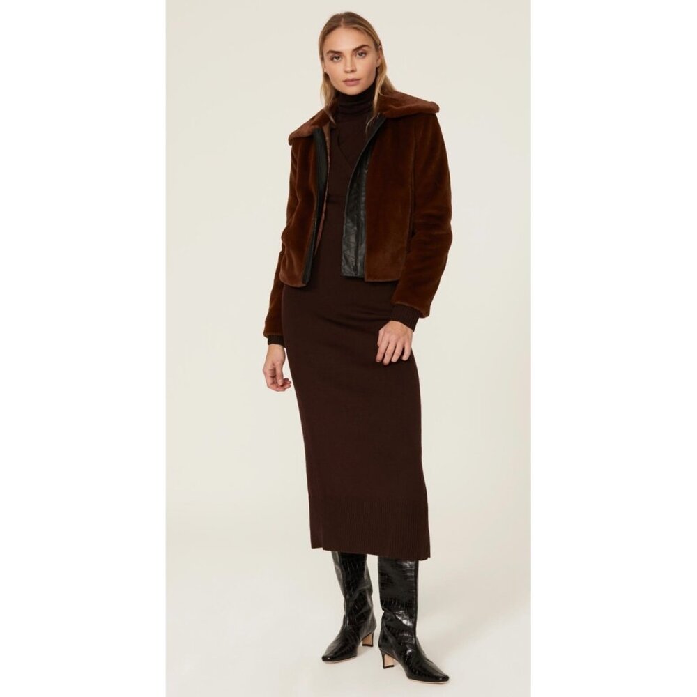 Samantha Sipos Brown Faux Fur Jacket XS With Oversized Collar & Black Zip Detail